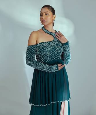 Green and pink drape skirt set 4