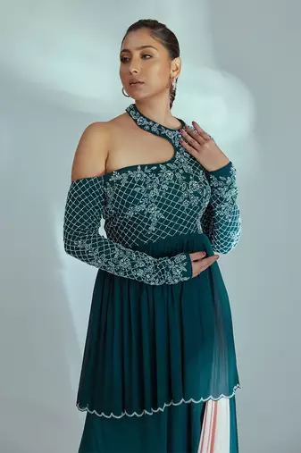 Green and pink drape skirt set