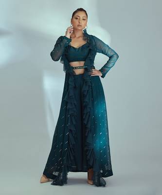 Green georgette and organza jacket set 1