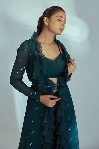 Green georgette and organza jacket set