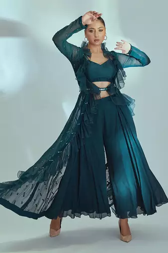 Green georgette and organza jacket set