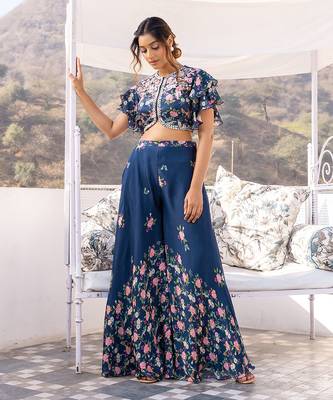 Blue georgette crape pant set 1