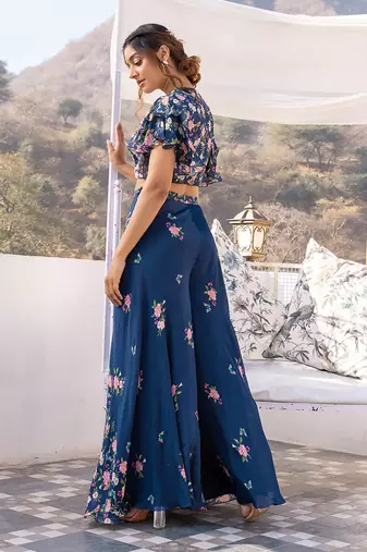 Blue georgette crape pant set
