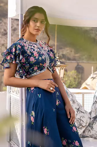 Blue georgette crape pant set