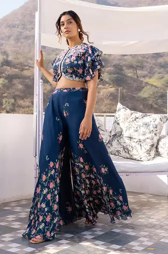 Blue georgette crape pant set