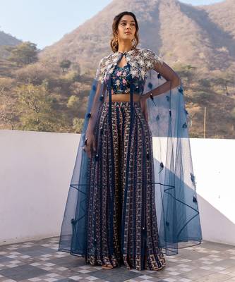 Blue georgette crape & net cape set 1