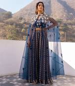 Blue georgette crape & net cape set