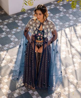 Blue georgette crape & net cape set 2