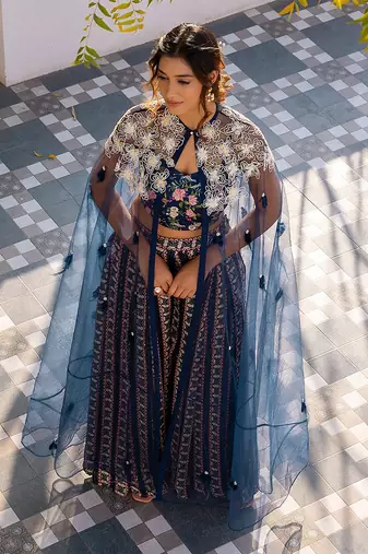 Blue georgette crape & net cape set