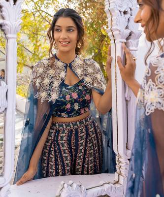 Blue georgette crape & net cape set 3