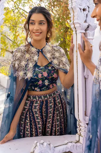 Blue georgette crape & net cape set