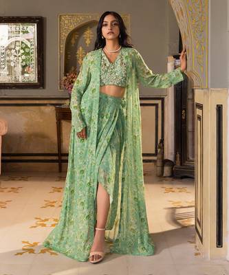 Green georgette drape skirt set 1