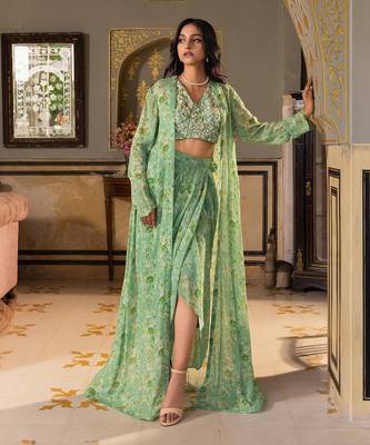 Green georgette drape skirt set 2