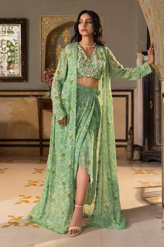 Green georgette drape skirt set