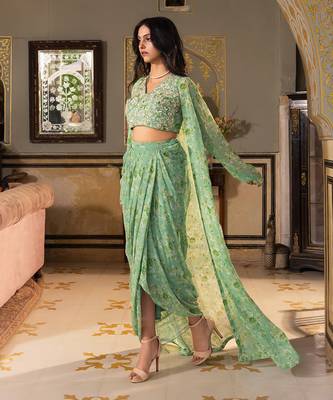 Green georgette drape skirt set 3