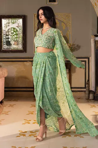 Green georgette drape skirt set