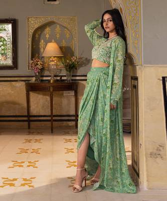 Green georgette drape skirt set 4