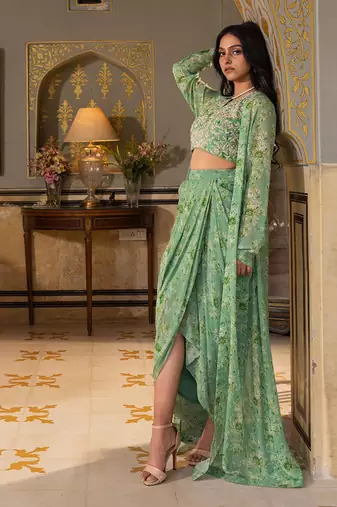 Green georgette drape skirt set