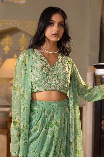 Green georgette drape skirt set