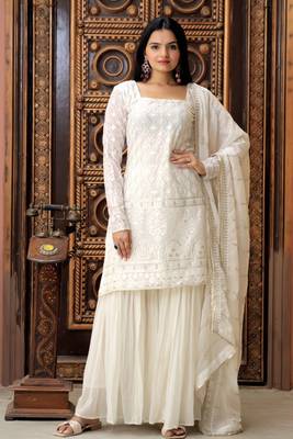 White Georgette With Zigzag Line Sequins & thread Embroidered Sharara Suit 1