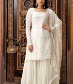 White Georgette With Zigzag Line Sequins & thread Embroidered Sharara Suit