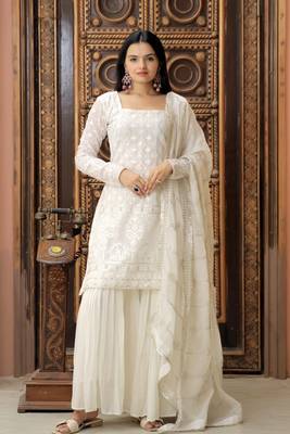 White Georgette With Zigzag Line Sequins & thread Embroidered Sharara Suit 2
