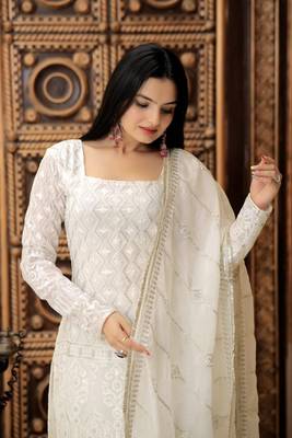 White Georgette With Zigzag Line Sequins & thread Embroidered Sharara Suit 4