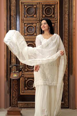 White Georgette With Zigzag Line Sequins & thread Embroidered Sharara Suit 5