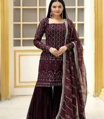Wine Georgette With Zigzag Line Sequins & thread Embroidered Sharara Suit