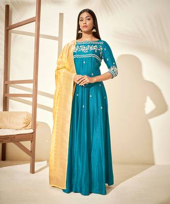 Teal and yellow silk anarakali 1