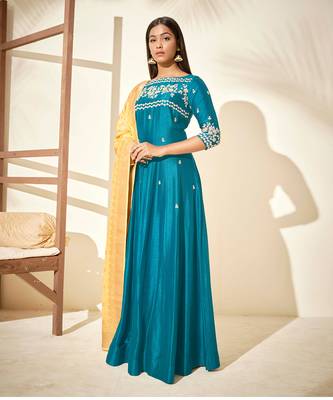 Teal and yellow silk anarakali 2