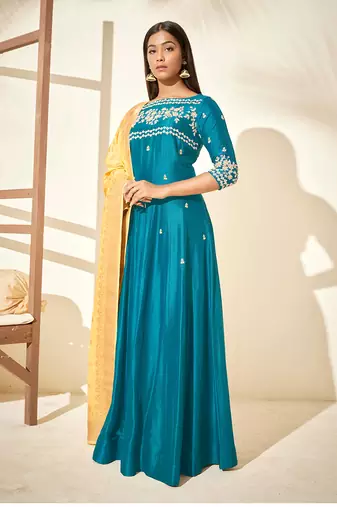 Teal and yellow silk anarakali