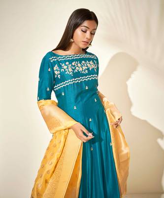 Teal and yellow silk anarakali 3