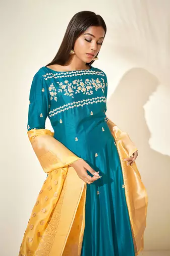 Teal and yellow silk anarakali