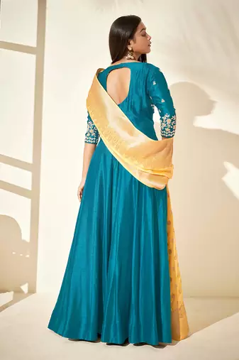 Teal and yellow silk anarakali