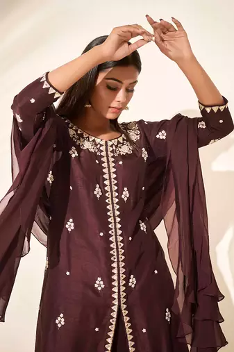 Brown silk sharara set