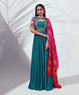Green and pink georgette crepe anarkali 1
