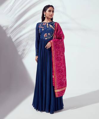 Blue and pink georgette crepe anarkali 1