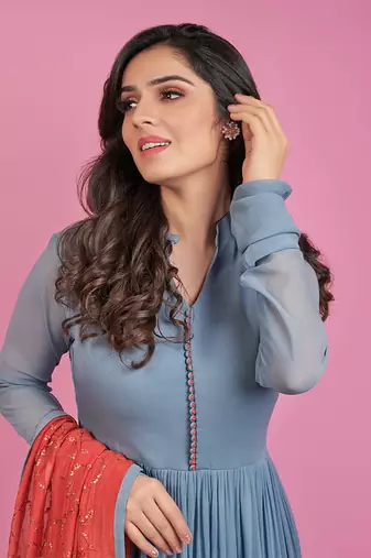 Grey and red georgette anarkali