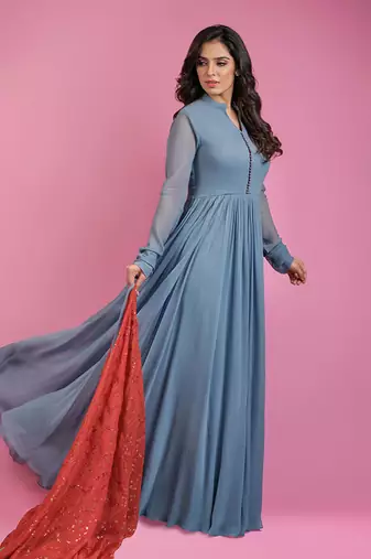 Grey and red georgette anarkali