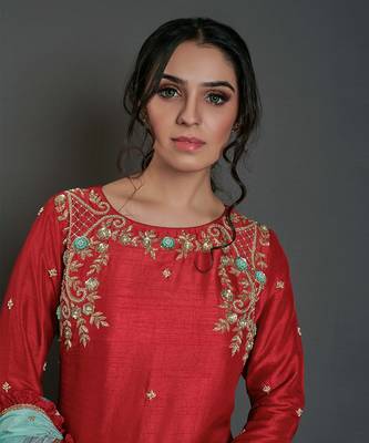Red and sea green silk kurta set 1