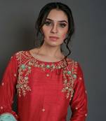 Red and sea green silk kurta set