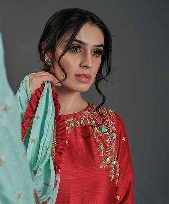Red and sea green silk kurta set 2