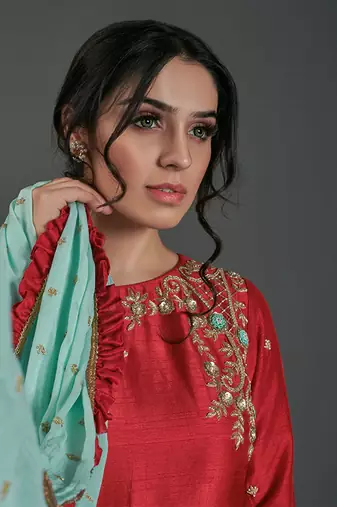 Red and sea green silk kurta set