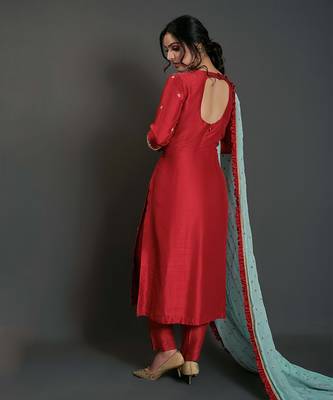 Red and sea green silk kurta set 3