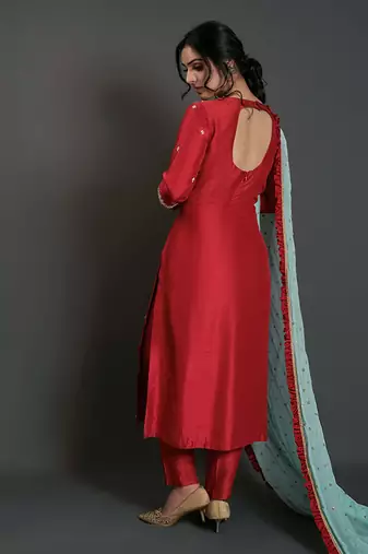 Red and sea green silk kurta set
