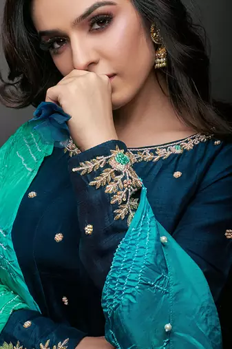 Peacock blue silk anarkali