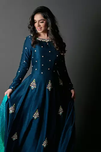 Peacock blue silk anarkali