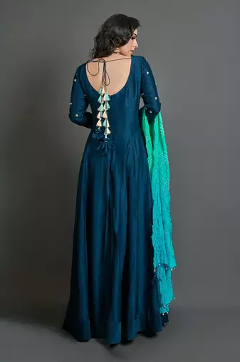 Peacock blue silk anarkali