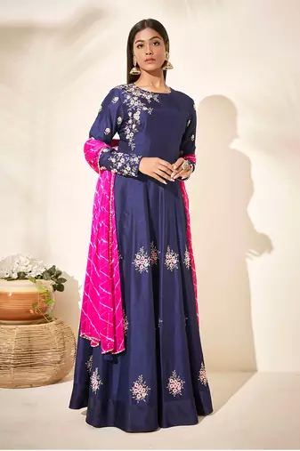 Blue and pink silk anarkali